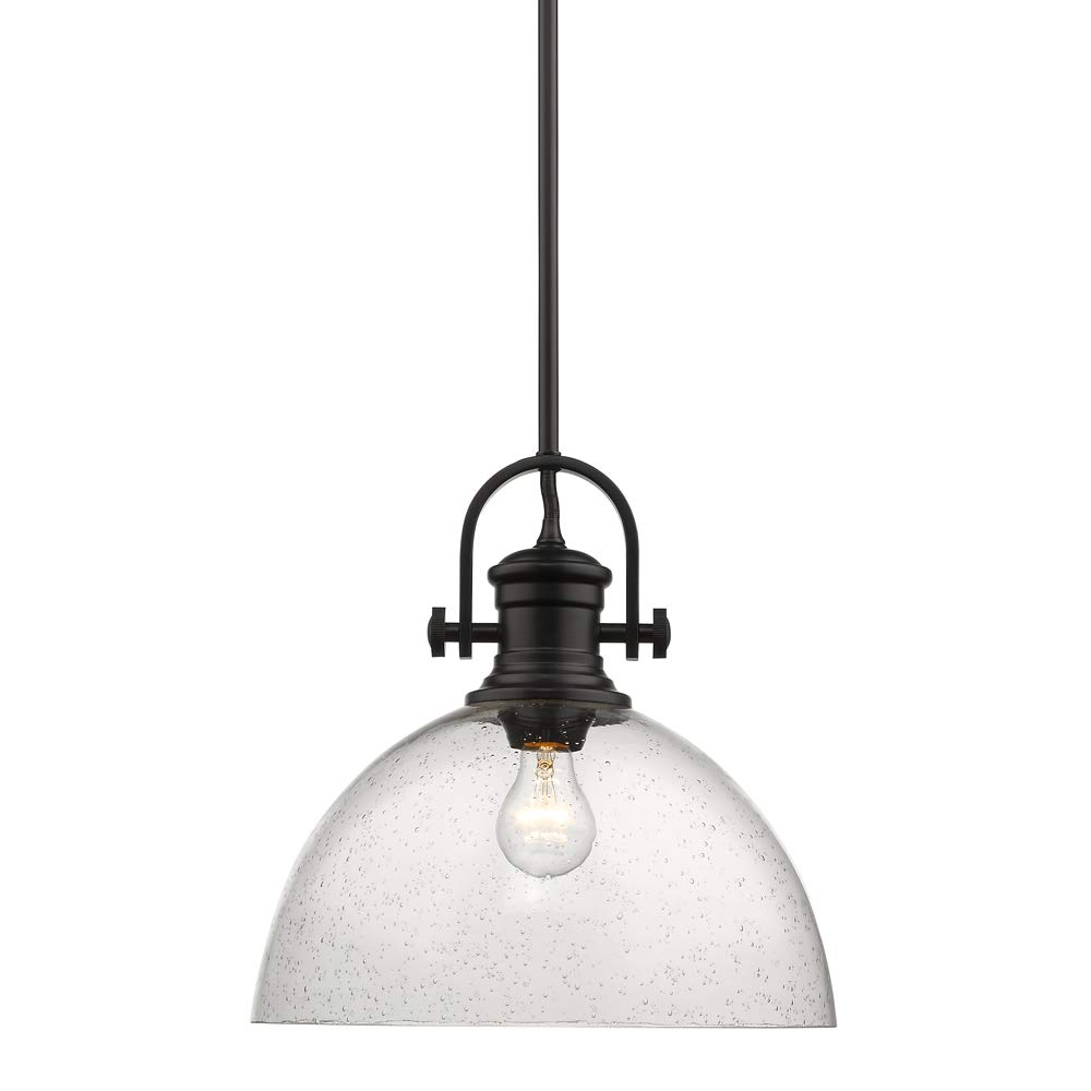 Golden Lighting3118-L BLK-SD Hines Pendant, Matte Black with Seeded Glass