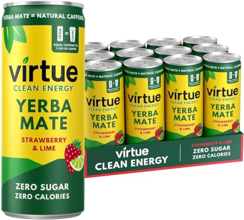Virtue Yerba Mate - Bebida Energética Natural - Sin Azúcar, Cero Calorías, Vegana, Cetogénica, Sin Gluten, Vitaminas del Grupo B - 12x 250ml (Fresa & Lima)