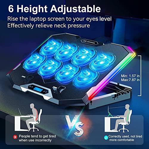 Proffisy Laptop Cooling Pad, 8 Silent Fans Cooler Pad with 6 Wind Speed Modes, 10 Modes RGB Light, 6 Height Adjustment, LCD Display Gaming Cooling... - Image 4