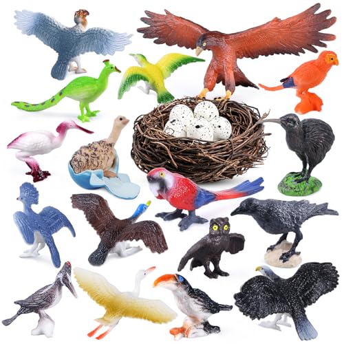 SIENON 23Pcs Birds Toys Playset, Assorted Wildlife Bird Figures with Nest, Raven, Kiwi, Ostrich, Macaw, Golden Eagle for Kids Educational Birthday Cake Décor Garden Accessories School Project