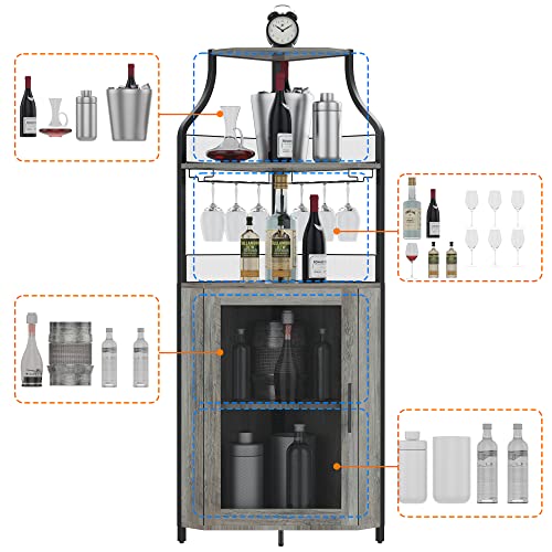 Amyove Corner Wine Bar Cabinet with Detachable Wine Rack, Industrial Wine Cabinet with Glass Holder, Small Sideboard and Liquor Coffee Bar Cabinet with Mesh Door, Grey