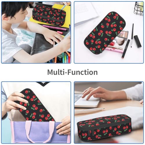 Image of Red Cherry Black Pencil Case Big Capacity Storage Pencil Pouch Stationery Bags With Zipper Portable Pen Holder Box Organizer For Boys Student College School Office Supplies