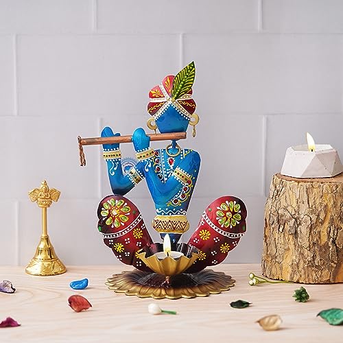 Image of Decorative Handcrafted Multicolor Krishna Candle Holder Metal Tea Light Holder for Home Decoration and Gift