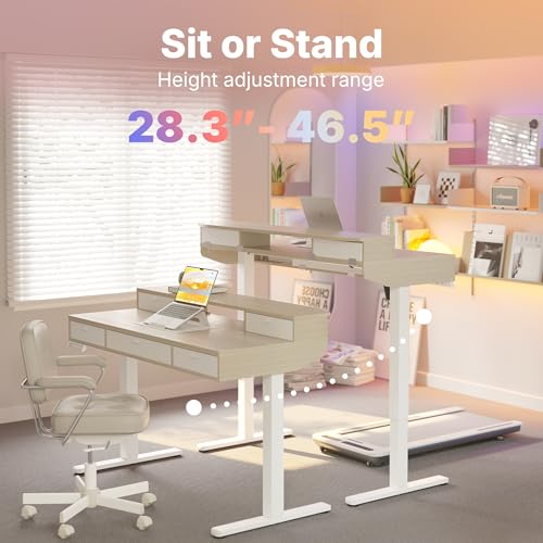 Image of HUANUO 48 x 24 Inch Electric Standing Desk with 4 Drawers, Natural | 4 Drawers For Organized Storage, Raised Monitor Shelf, C-Clamp Mount Support, 4 Memory Presets, 28.3-46.5 Inch Height Range