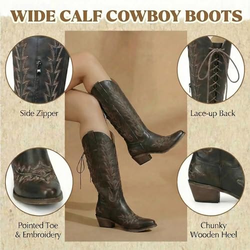 Image of Uillnoodu Wide Calf Cowboy Boots Women Adjustable Lace Up Knee High Tall Plus Size Cowgirl Boots Western Style Comfortable 2-Inch Heel