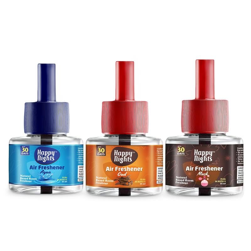 Happy Nights Plug In Room Freshener Combo | Aqua, Oud & Musk Fragrance | Floral Room Freshener for Home, Office, Bedroom & Bathroom | Long-Lasting & Safe | 3 Refills (45ml Each) + 1 Machine-image-12