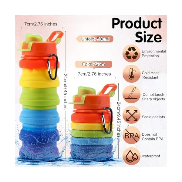 Sunnyray 30 Pack Collapsible Water Bottles 17oz Silicone Foldable Water Bottle Bulk Portable Leak Proof Reusable Camouflage Sports Bottles with Clip for Travel Hiking Camping Outdoor (Colorful) - Image 4
