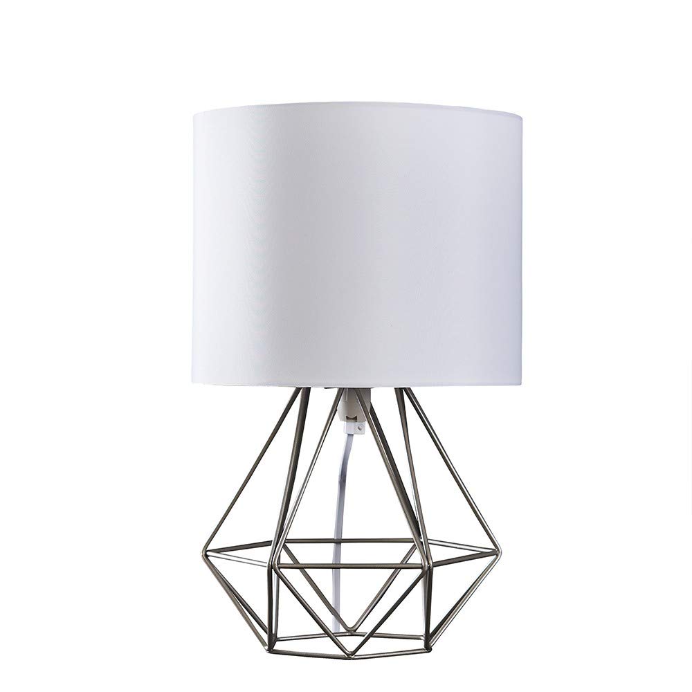 MiniSun | Modern Brushed Chrome Basket Table Lamp with a White Fabric Shade | Table Lamps, Home Décor & Improvement Essential | Includes 4W Bulb [3000K Warm White]