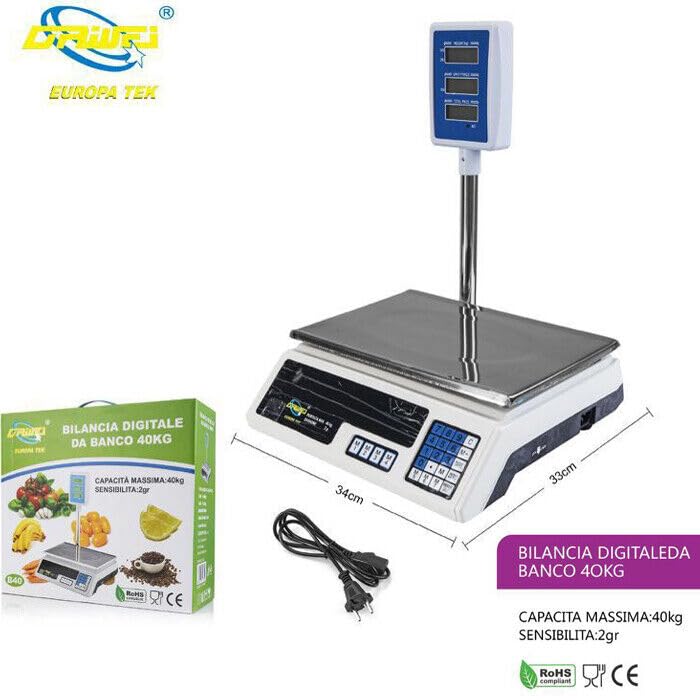 Bilancia Elettronica Digitale da Banco 40 kg 200 gr, Sensibilità 2 gr, Display LCD, Funzione Tara, Piatto Acciaio