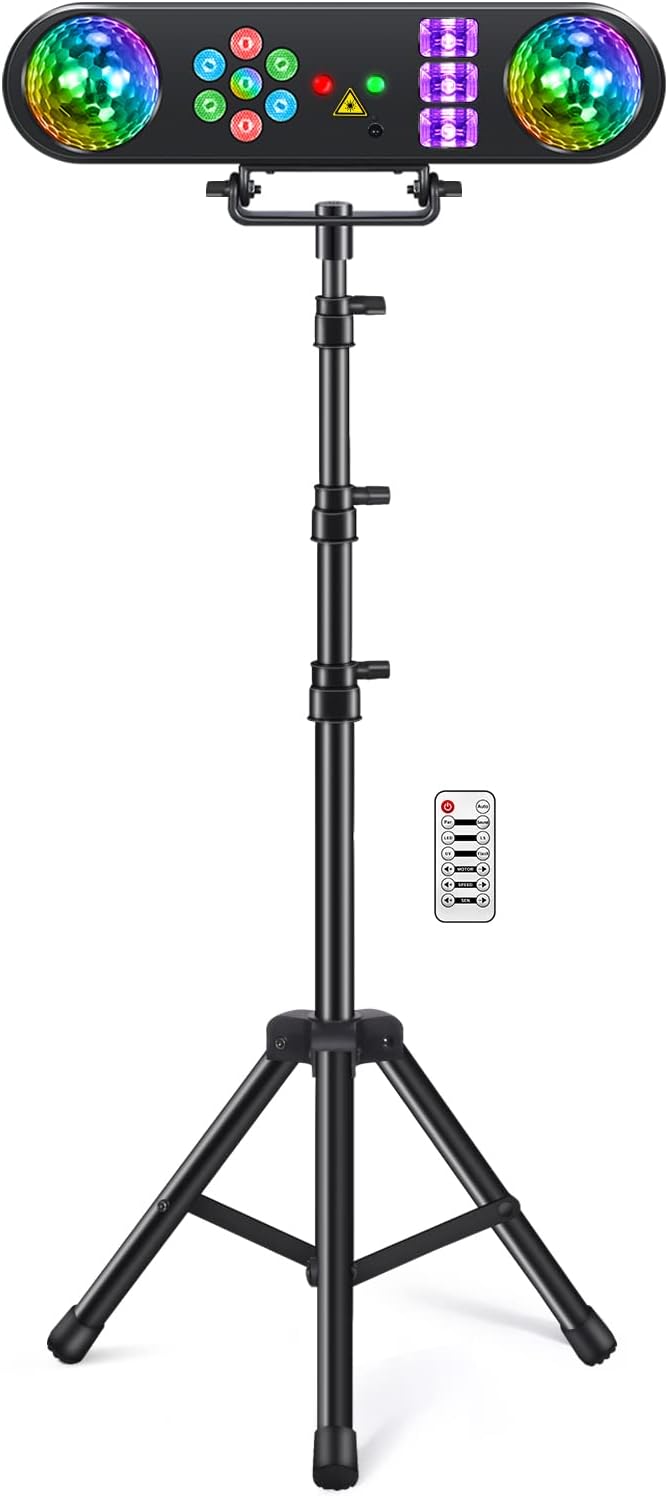 DJ Lights with Stand, 5 in 1 Party Bar Light Set with Rotating Ball, Strobe, UV, Colorful LED Par Light and Pattern, Sound Activated DJ Lighting System for Disco Stage Gig Band Wedding