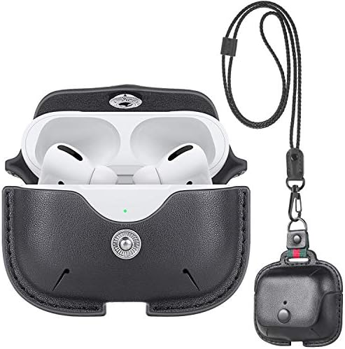 Leather Case for Airpods Pro Case with Leather Neck Lanyard Keychain,UTOPER Full Protective Portable Cover for Airpods Pro 3 Generation 2019 Shockproof Support Wireless Charging Case (Black)