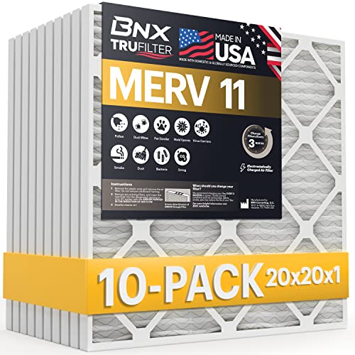 Bnx 20X20X1 Merv 11 Air Filter 10 Pack - Made In Usa - Electrostatic Pleated Air Conditioner Hvac Ac Furnace Filters - Removes Dust, Mold, Pollen, Lint, Pet Dander, Smoke, Smog #TOP17