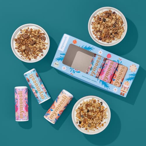 mymuesli BIO Weihnachts-Mix (2x575g + 6x50g Geschenk Minis) - Choco Almond Cinnamon Crunch, Baked Apple Cookie Crunch, 6er Mini-Müsli Geschenk-Box - Das gesundes Winter-Frühstück - 100% Palmöl-frei