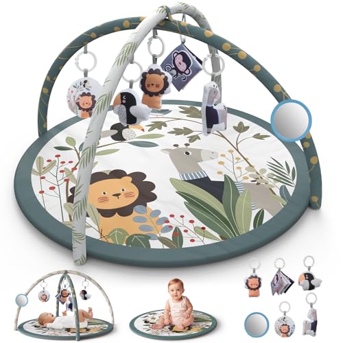 Image of PIGLOG Baby Play Gym Mat, Baby Tummy Time Play Mat with 6 Detachable Sensory Toys for Baby Activity Gym, Baby Activity Play Mat for Sensory Development and Motor Skills, Baby Newborn Essentials