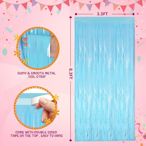 Image of 2PCS Macaron Light Blue Party Streamers 3.3x8.3Ft Foil Fringe Backdrop Curtains Tinsel Streamers Birthday Party Decors Fringe for Graduation Wedding, Baby Shower Disco Party Anniversary Streamers