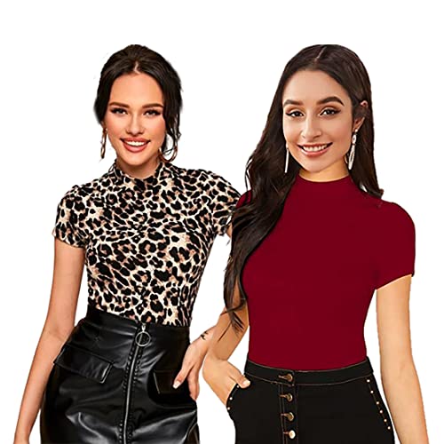 Image of Dream Beauty Fashion Women's Half Sleeve Round High Neck Top Elegant Casual Tee, Pack of 2-23 inch inches (Combo-Tripta Tiger)