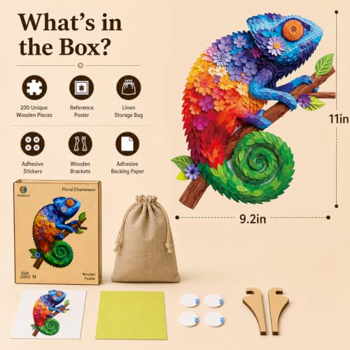 Hopelucr Wooden Puzzles for Adults, Floral Chameleon Jigsaw Puzzles for Adults 200 Pieces, Unique Animal Shaped Wood Puzzles, Challenging Animal Puzzle Gift for Family Game Night Home Decor 11x9.2 in — view 6