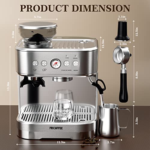 Fricoffee Espresso Machine With Grinder Espresso Maker Stainless Steel With Milk Frother Cappuccino Machine Semi Automatic Espresso Machine #TOP5