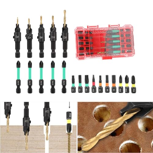 URPIZY Juego de 20 brocas avellanadoras con vástago hexagonal, acero de alto carbono para carpintería, incluye puntas de destornillador (cruz/estrella/plano), límite de profundidad ajustable, para