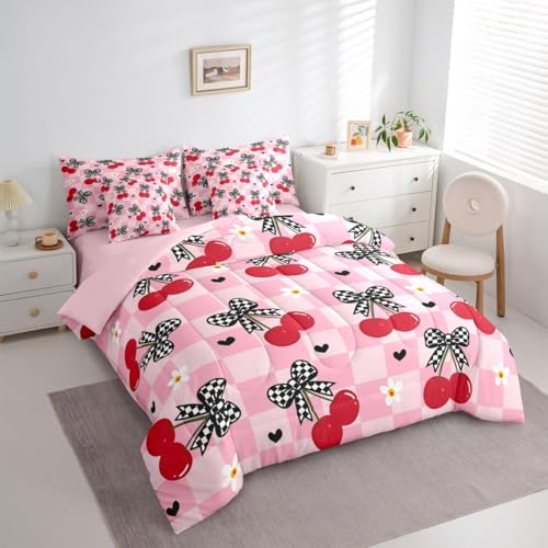 Image of 7 Pcs Bow Cherry Queen Bedding Sets Pink Plaid Cartoon Daisy Hearts Comforter Set Red Cherry Fruit Girly Dreamy All Season Comforter Flat Sheet Fitted Sheet 2 Pillowcases 2 Throw Pillow Covers