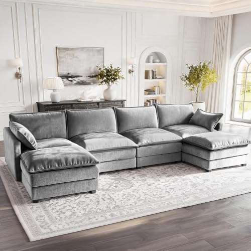 Image of 146 inch U-Shape Modular Sofa with 2 Ottomans, Deep Seat Cloud Convertible Sleeper, 2 Arm Pillows, Cozy Large Upholstered Furniture for Living Room Apartment, Dark Grey