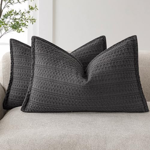 Image of Foindtower Set of 2 Decorative Cotton Waffle Weave Lumbar Throw Pillow Covers Euro Sham Cushion Covers Accent European Pillowcase For Bed Couch Sofa Bedroom Living Room Home Decor 12x20 Inch Dark Grey