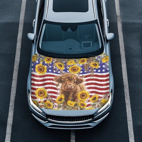 Image of Car Hood Cover,Cow and Sunflower All Weather Comfortable Car Hood Cover Protector Suitable Most Automotive Sedans Trucks Pickup Sports Cars for Outdoor