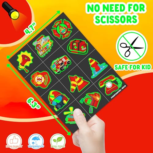 Image of 96 PCS Firefighter Pre-Cut Luminous Glow in the dark Temporary Tattoos | Super Cute Themed Birthday Party Favors, Supplies, Decorations, Firetruck Fake Tattoo Stickers Gifts for Boys Girls