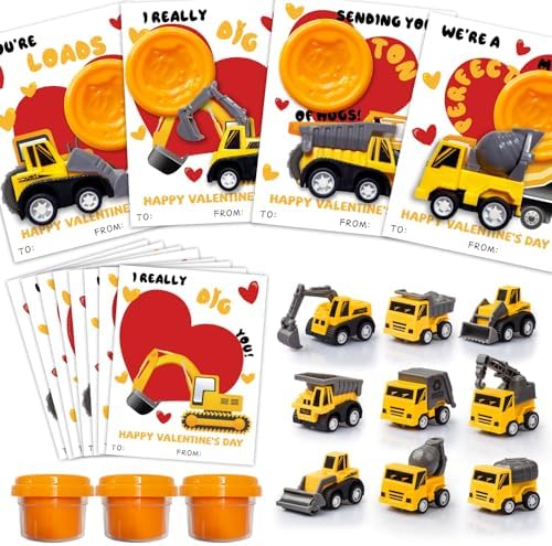 Valentines Day Gifts for Kids - 18 Construction Vehicles Toys with Playdough Card Bulk - Funny Valentine Exchange Cards for Boys Girls Toddler School Class Classroom Party Favors