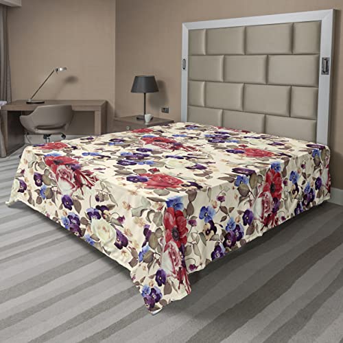 Ambesonne Romantic Flat Sheet, English Garden Scene Peony and Rose Pattern on a Creamy Boho Print, Soft Comfortable Top Sheet Decorative Bedding 1 Piece, Queen Size, Dark Coral and Champagne