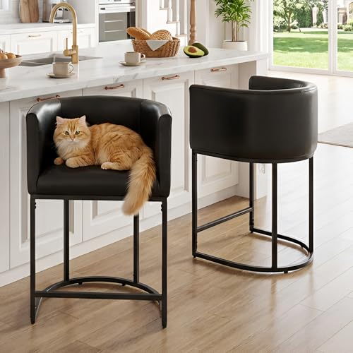 Image of HNY Black Modern Barrel Counter Height Bar Stool, 24 Inch PU Leather Kitchen Barstool with Back for Island, with Black Metal Tubular Frame