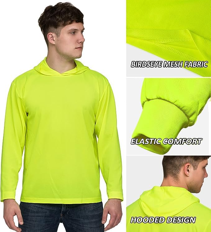 L&M® Hi Vis T Shirt Safety Lime Orange Long Sleeve HIGH Visibility with Hood - Image 7