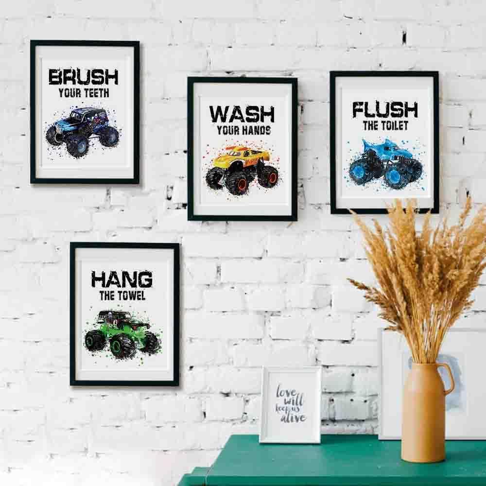 IIILUYOT Bathroom Wall Decor Funny Watercolor Racing Car, Brush Flush Wipe Wash Baby Boy Nursery Bathroom Wall Art Prints Decorations for Kids Nursery Boy Girl Son, Set of 4(8" x 10") Unframed