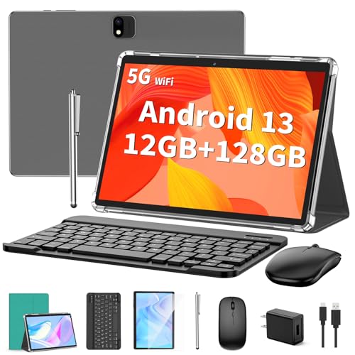 Android 10 inch Tablet, 12(6+6)GB+128GB, 1TB Expand, Green | with Keyboard, Android 13, 2 in 1, with Case, Mouse, Stylus, 8000mAh Battery, 2.4G/5G WiFi, GPS, Certified PC