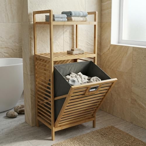 Deconox Doğal Bambu 2 Katlı Banyo Rafı ve Çamaşır Sepeti (40x30x95 cm) - Açık Raflı Ahşap Düzenleyici Kirli Sepeti Dolabı - Görsel 2