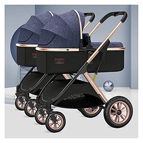 Twin Baby Pram Stroller for Toddler & Infant,Baby Stroller Twins-Cozy Compact Side by Side Stroller,Foldable Double Seat Tandem Stroller High Landscape Reversible Pushchair (Color : Blue)