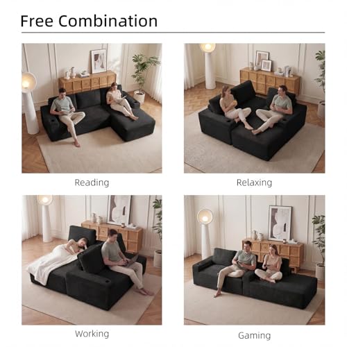 Image of 104 inch L Shaped Boneless Sectional Couches for Living Room, Comfy Corduroy Floor Cloud Sofa with Chaise and Cup Holder, Wide Armrest, Deep Seat, Assembly Free, Ideal for Small Spaces, Black