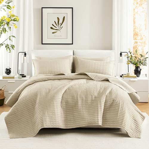 Comfort Spaces Kienna Quilt Set- Double Sided Stitching Design Summer Blanket, Lightweight, Soft, All Season Bedding Layer, Matching Sham, Ivory, Coverlet King (104"x90") 3 Piece