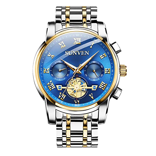 SUNVEN Men's Watches Waterproof Quartz Chronograph Blue Wristwatch for Men Stainless Steel Band