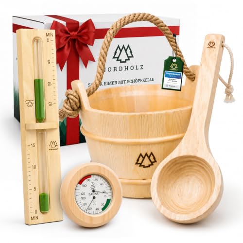 NORDHOLZ Sauna Eimer Set mit Kelle Sanduhr und Thermometer/Hygrometer aus 100% nordischer Fichte - Hochwertiges Sauna Zubehör - Saunaeimer Set mit PVC Einsatz - Perfekt als Geschenk