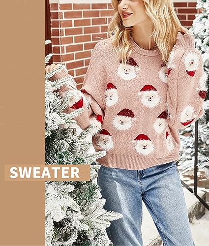 Women's Christmas Sweater Santa Claus Long Sleeve Pullover Sweatshirts 2023 Xmas Pattern Crew Neck Jacquard Knit Top2