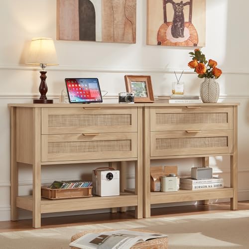 LEYAOYAO 26.8" Wide Rattan Night Stands Set 2, Oversized Large Boho Nightstand with 2 Drawer, Natural Wood Bed Side End Tables with Storage Shelf, Tall Bedside Table for Bedroom Living Room,