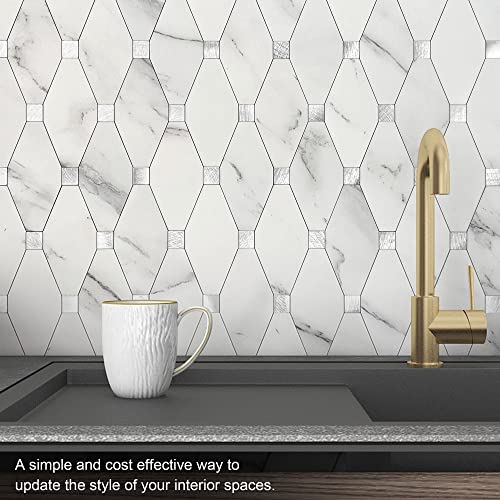 Vaovi Stick On Backsplash For Kitchen,Backsplash Tiles Peel And Stick Bathroom Wall Tiles Adhesive Marble Mosaic Stickers(10Pcs,White Silver) #TOP2