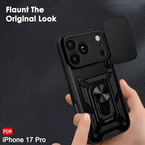 Image of TheGiftKart Tough Armor Bumper Back Cover Case for iPhone 17 Pro | Rotating Camera Cover, Kickstand & Ring Holder | 360 Degree Protection Back Cover Case for iPhone 17 Pro (PC & TPU, Black)