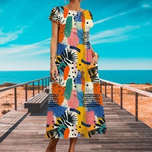 Cotton T Shirt Dresses for Women Cap Sleeve Crewneck Empire Waist Flowy Swing Summer Casual Long Maxi Smocked Dress - Image 2