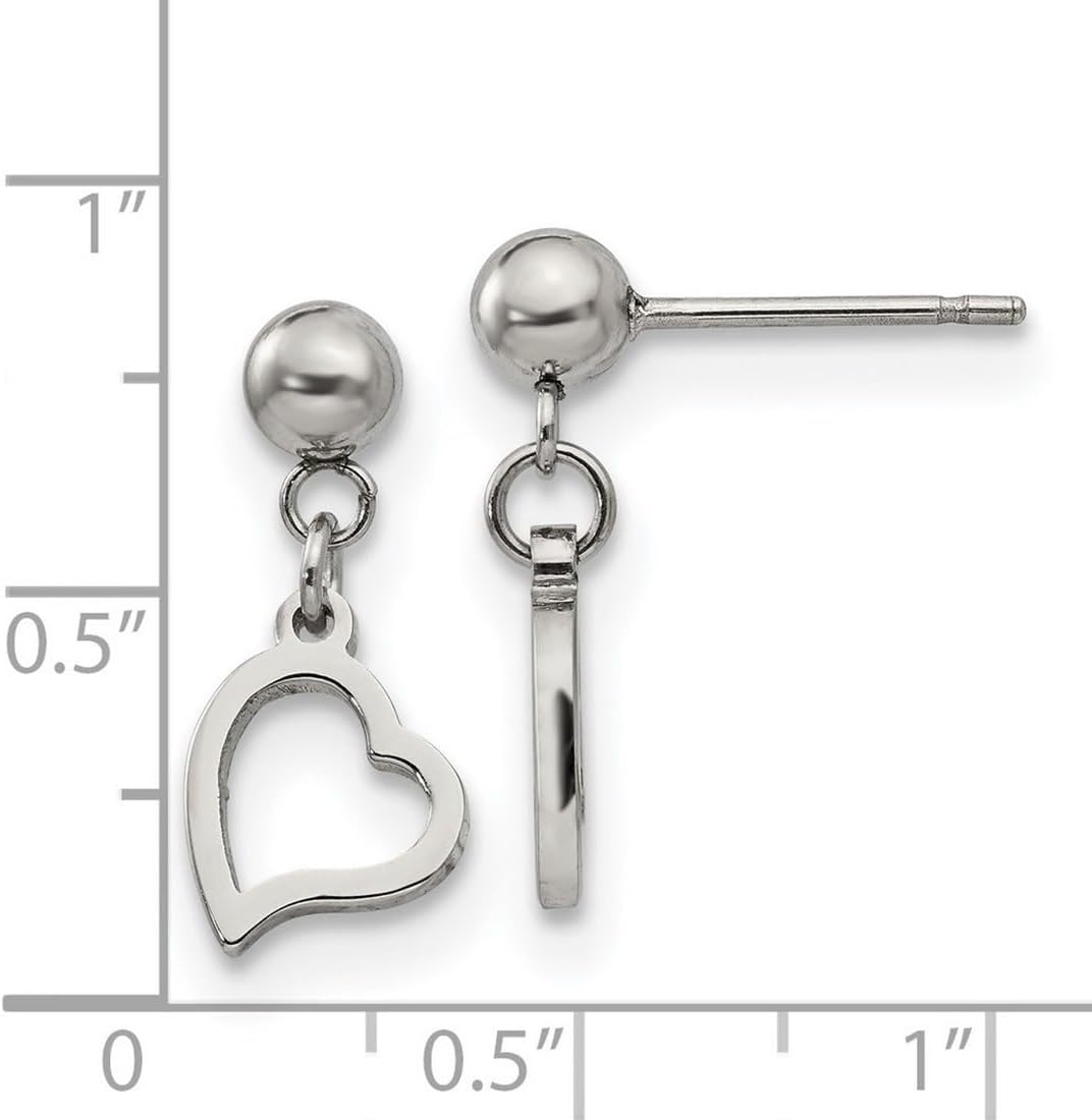 Stainless Steel Polished 5 mm Ball Post Love Heart Long Drop Dangle Earrings 9mm Wide Ball Earring for Women