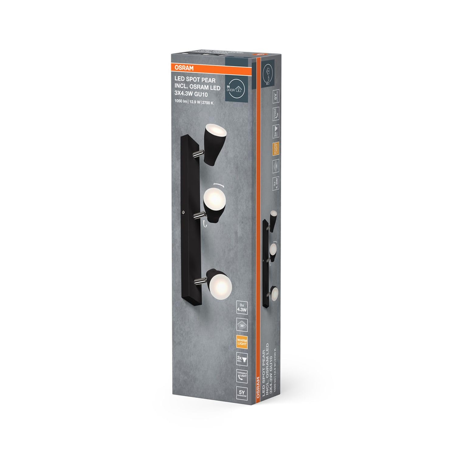 Osram LED SPOT PEAR - Foco de techo (430 mm, 12,9 W, 630 lm, luz direccional con luz blanca cálida, con foco flexible GU10, bombilla GU10 incluida, clase de protección IP20, 2700 K)