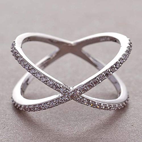 929 Sterling Silver Simple and generous cross ring crossover ring with zirconium diamond ring Gem Ring Cubic Zirconia Rings CZ Diamond Multi Row Ring Eternity Engagement Wedding Band Ring for Women 10