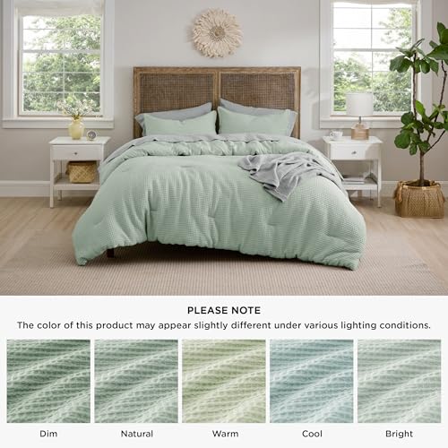 Image of Bedsure Waffle Comforter Set King, Sage Green Soft Bedding, Waffle Weave Bed Set, 3 Pieces, 1 Comforter (104 inchx90 inch) and 2 Pillow Shams, Cotton Shell and Polyester Lining for All Seasons