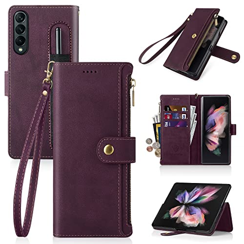 Antsturdy for Samsung Galaxy Z Fold 3 5G case Wallet Women with ?S Pen Holder?,Galaxy Z Fold 3 Phone case with Card Holder Strap PU Leather RFID Blocking Flip Folio Cover Credit Slots Men,Wine Red